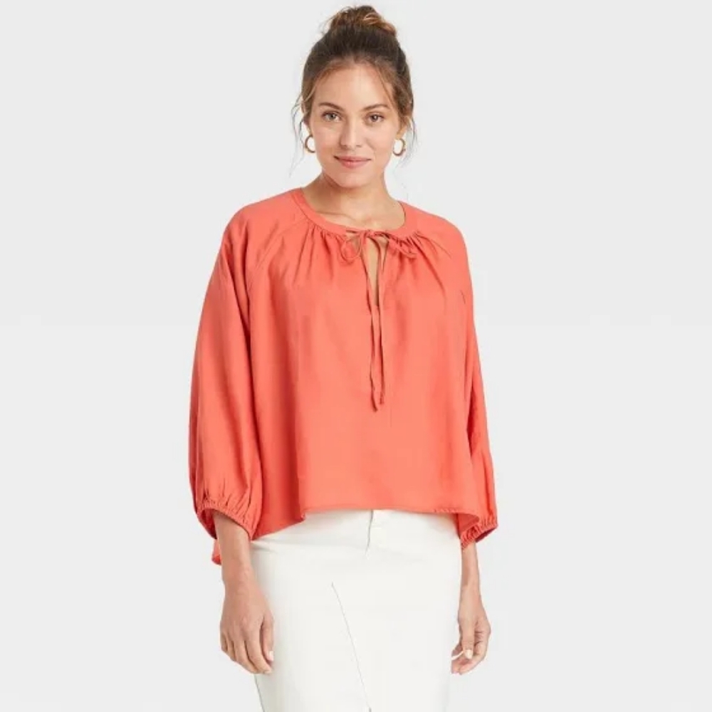 # 36. Women's Raglan Long Sleeve Tie-Front Top - A New Day Orange S